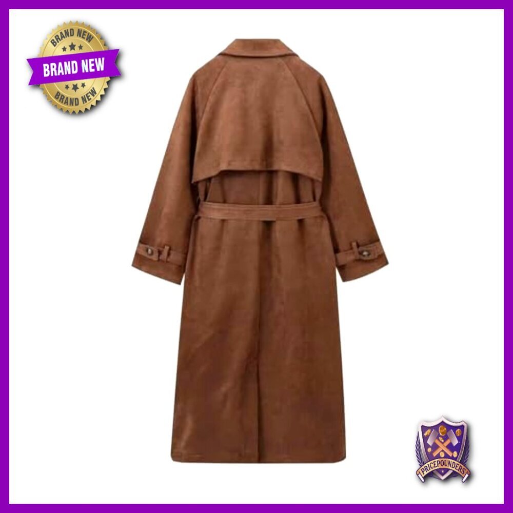 Faux Suede Trench Coat Double Breasted Belted Pea Coat Elegant Classic Chic - Picture 4 of 7